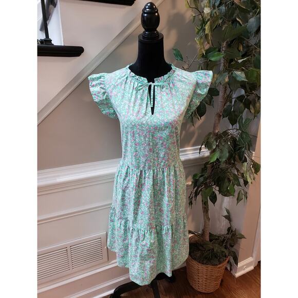 Time and Tru Dress Women Size XXL Green Pink Floral Cotton Ruffle Tiered Casual - Picture 2 of 13